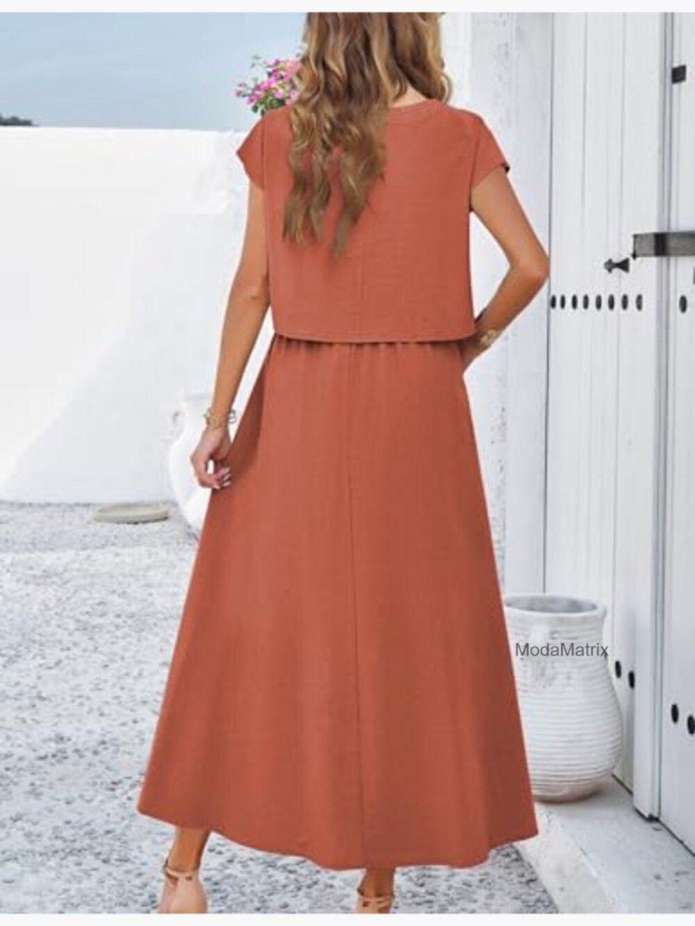 Viscose Maxi Dress Set with Pockets, Cap Sleeve Top, Elastic Waist, Size Large - Picture 4 of 7